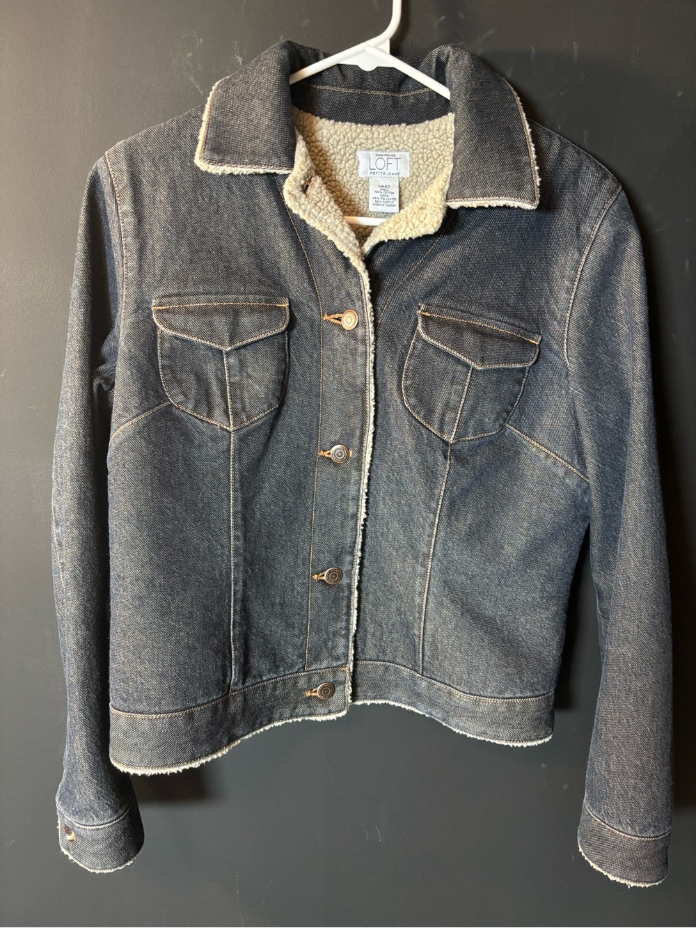 Vintage LOFT Dark Blue Denim Jean Jacket with Cream Sherpa Lining-PM